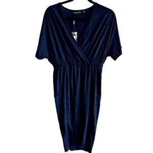 NWT Homeyee Women’s Navy Short Sleeve Midi Dress V Neck Tulip Hem Size 6/Med